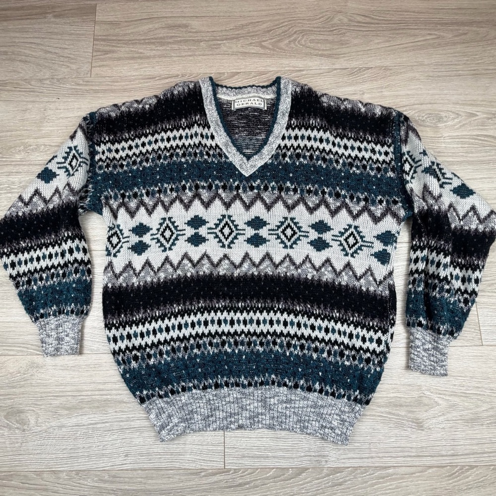 Michael Gerald Mens V Neck Fair Isle‎ Geometric Print Sweater Long Sleeve